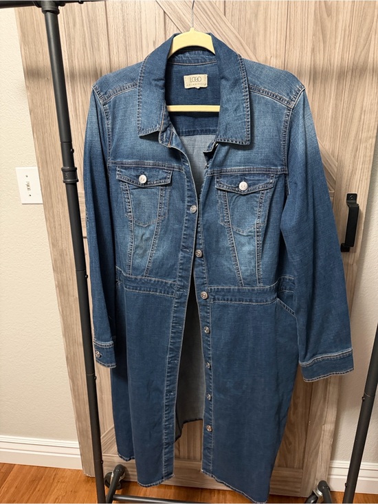 Logo Jackets & Blazers - LOGO by Lori Goldstein 1X Long Denim Duster Jacket Stretch Blue Jean Coat